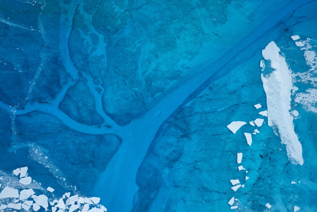 Drone image of meltwater on top of the Greenland Ice Sheet near Kangerlussuaq